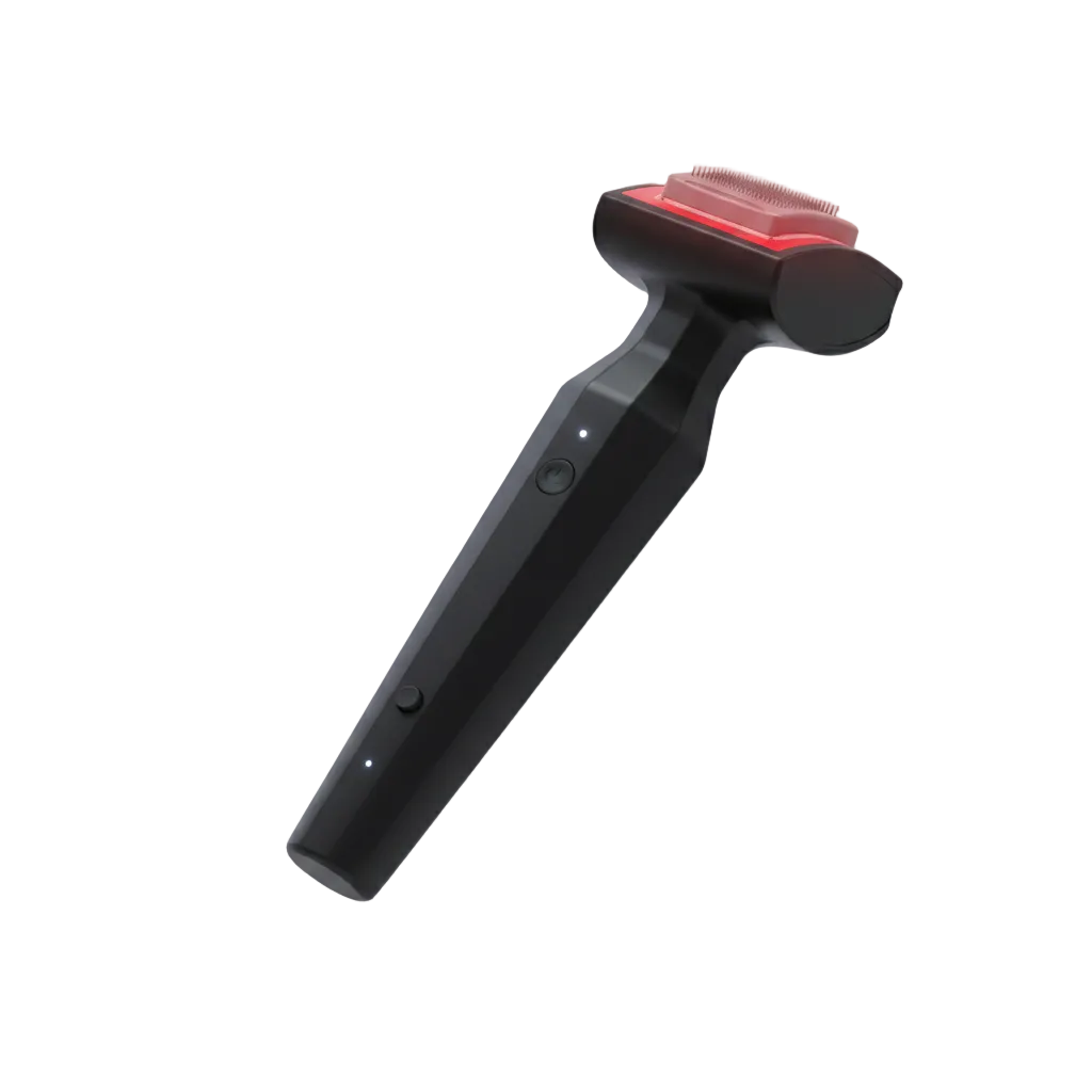 Black handheld device with a red light on a white background